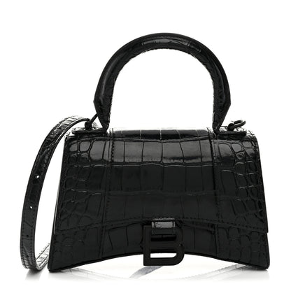 Balenciaga Shiny Calfskin Monochrome Crocodile Embossed Hourglass Top Handle Bag XS Black 1 of 9
