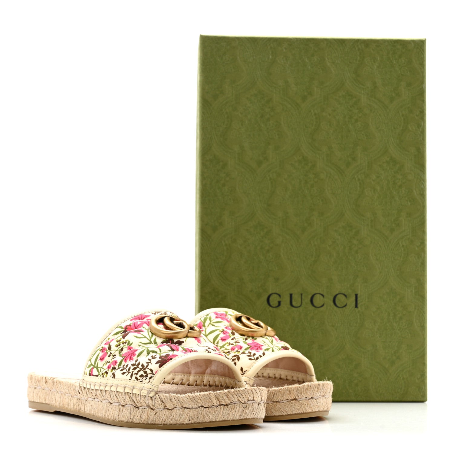 Gucci Nappa Matelasse Diagonal Floral Print GG Marmont Pilar Espadrille Slide Sandals 37.5 Ivory Pink 13 of 13