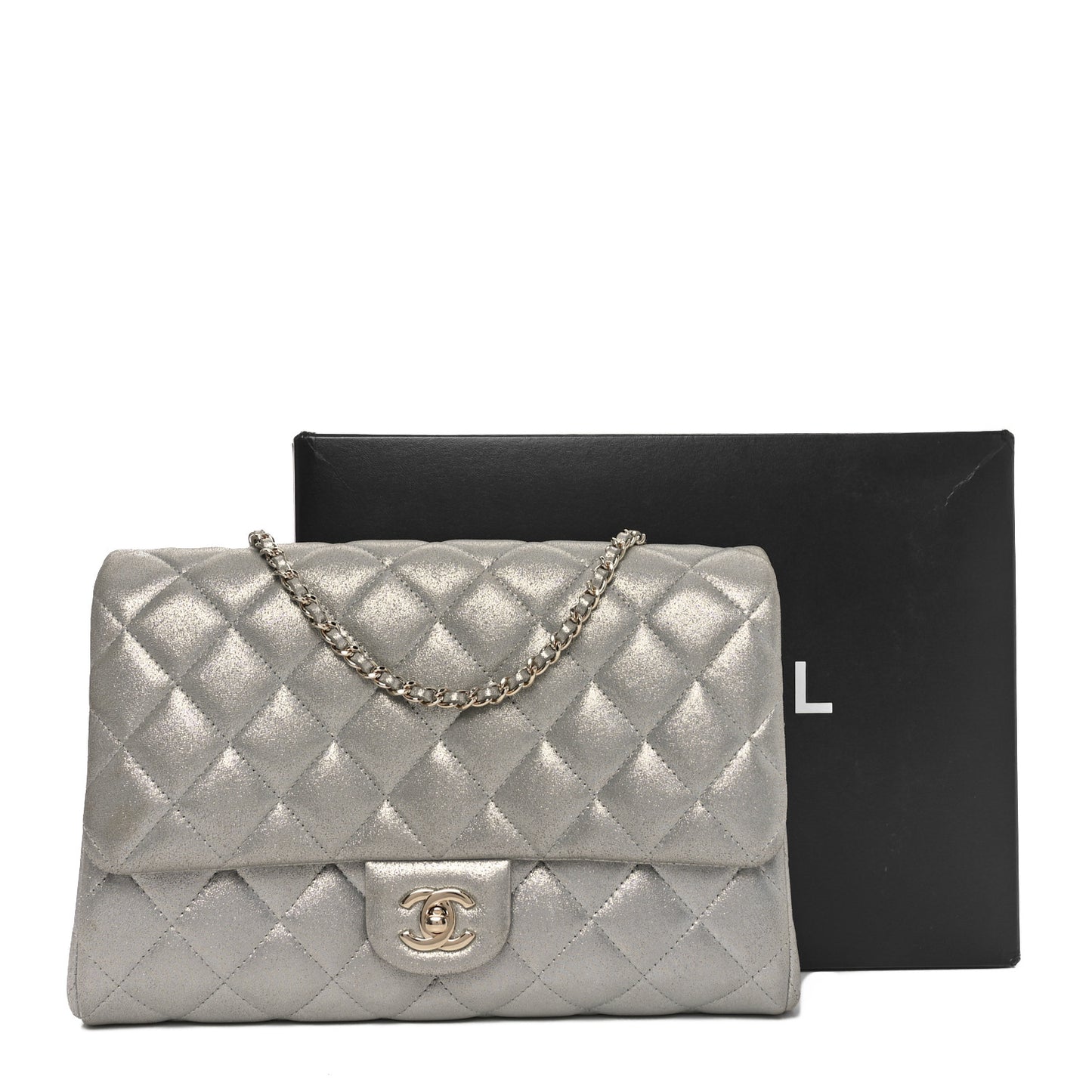 Iridescent Calfskin Quilted Clutch With Chain Flap Silver