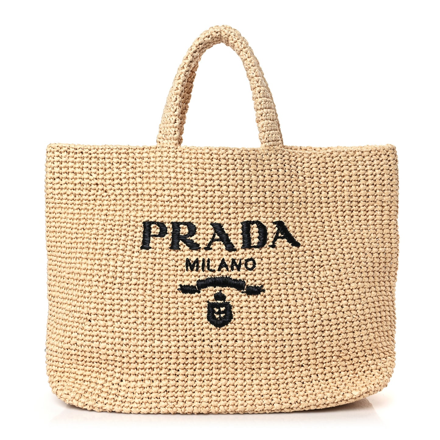 Yarn Raffia Effect Crochet Embroidered Logo Tote Naturale