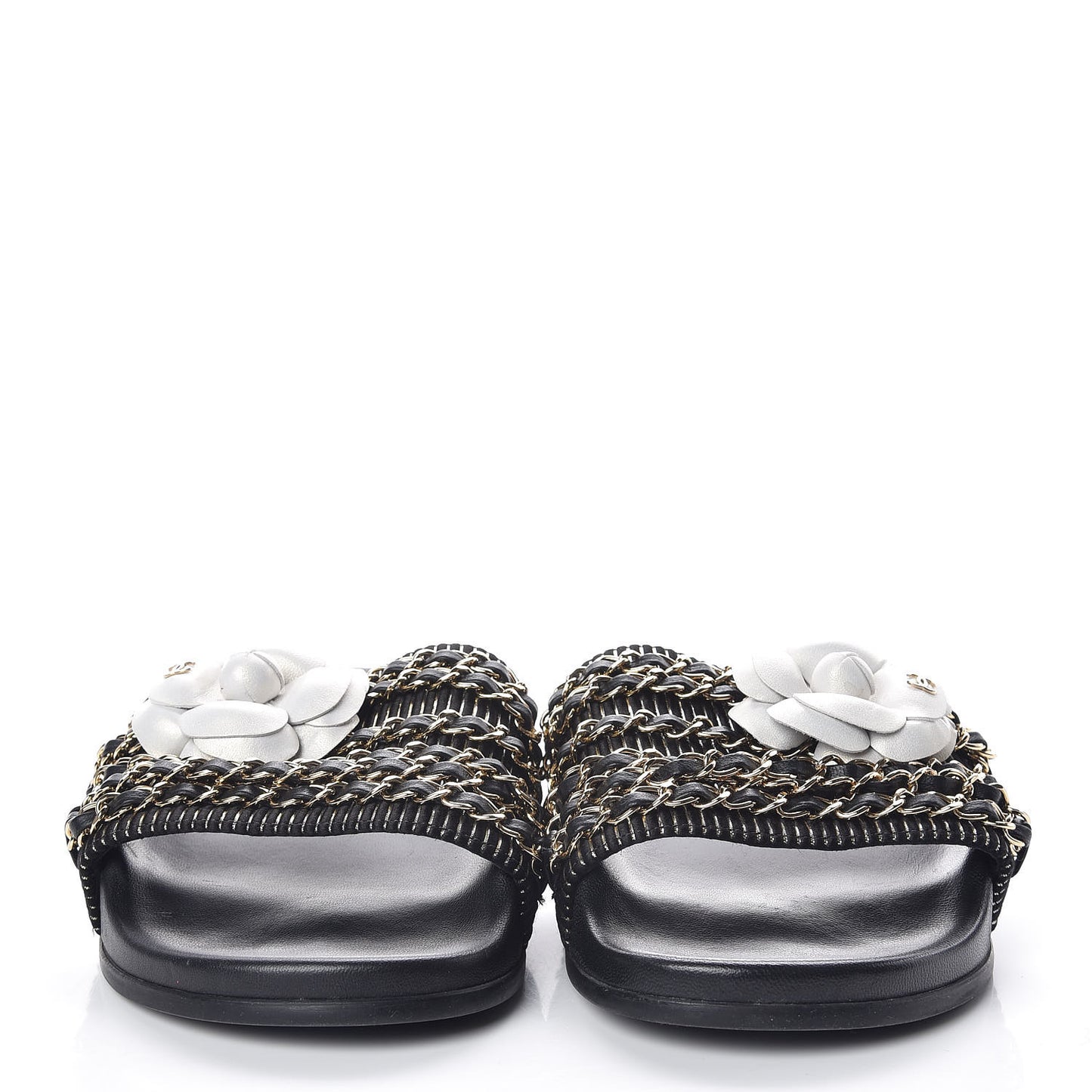 Calfskin Chain Camellia Flat Sandals 40 Black