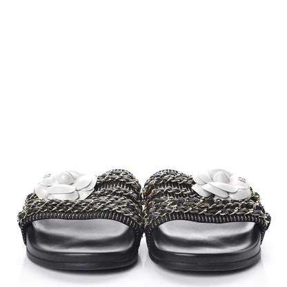 Chanel Calfskin Chain Camellia Flat Sandals 40 Black 2 of 8