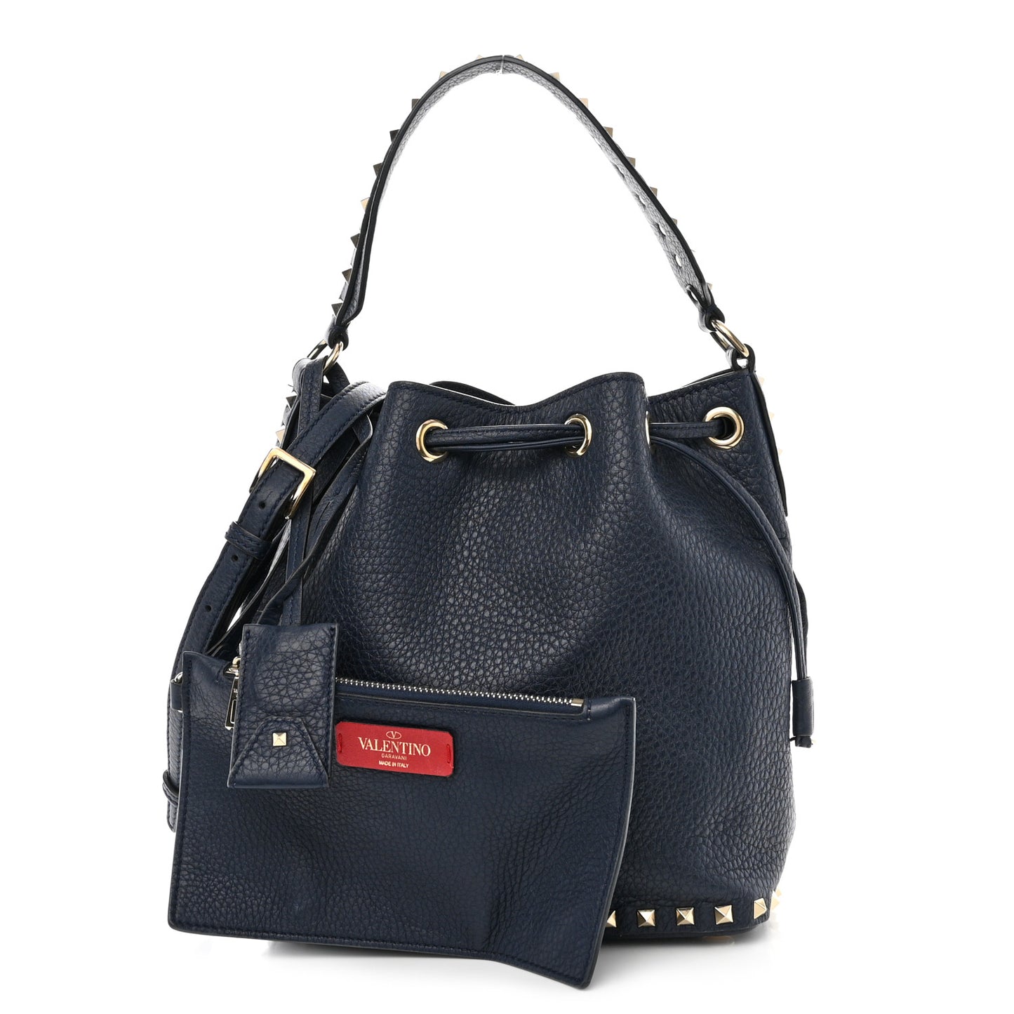 Pebbled Calfskin Small Rockstud Bucket Bag Navy