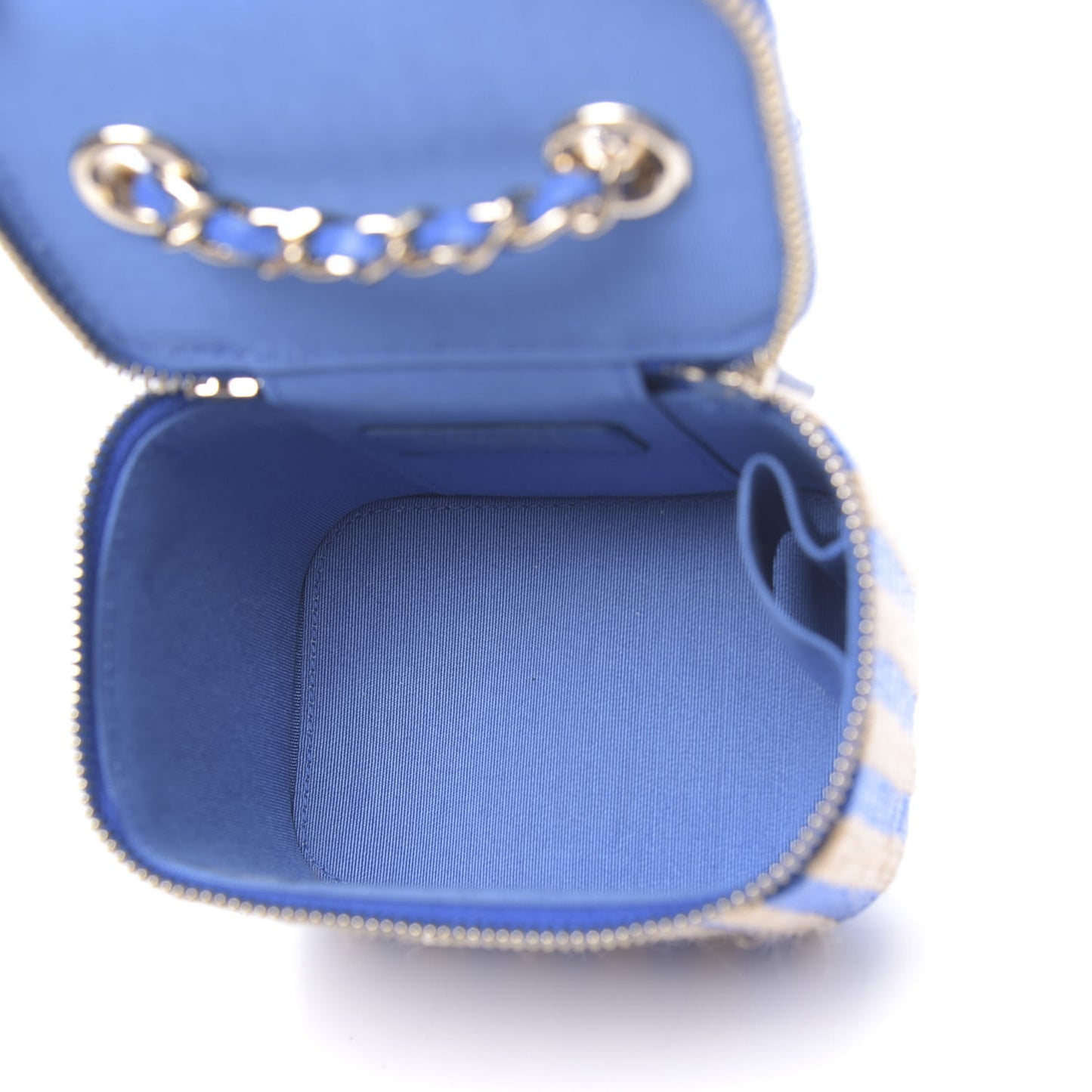Raffia Jute Striped Mini Vanity Case With Chain Blue Beige