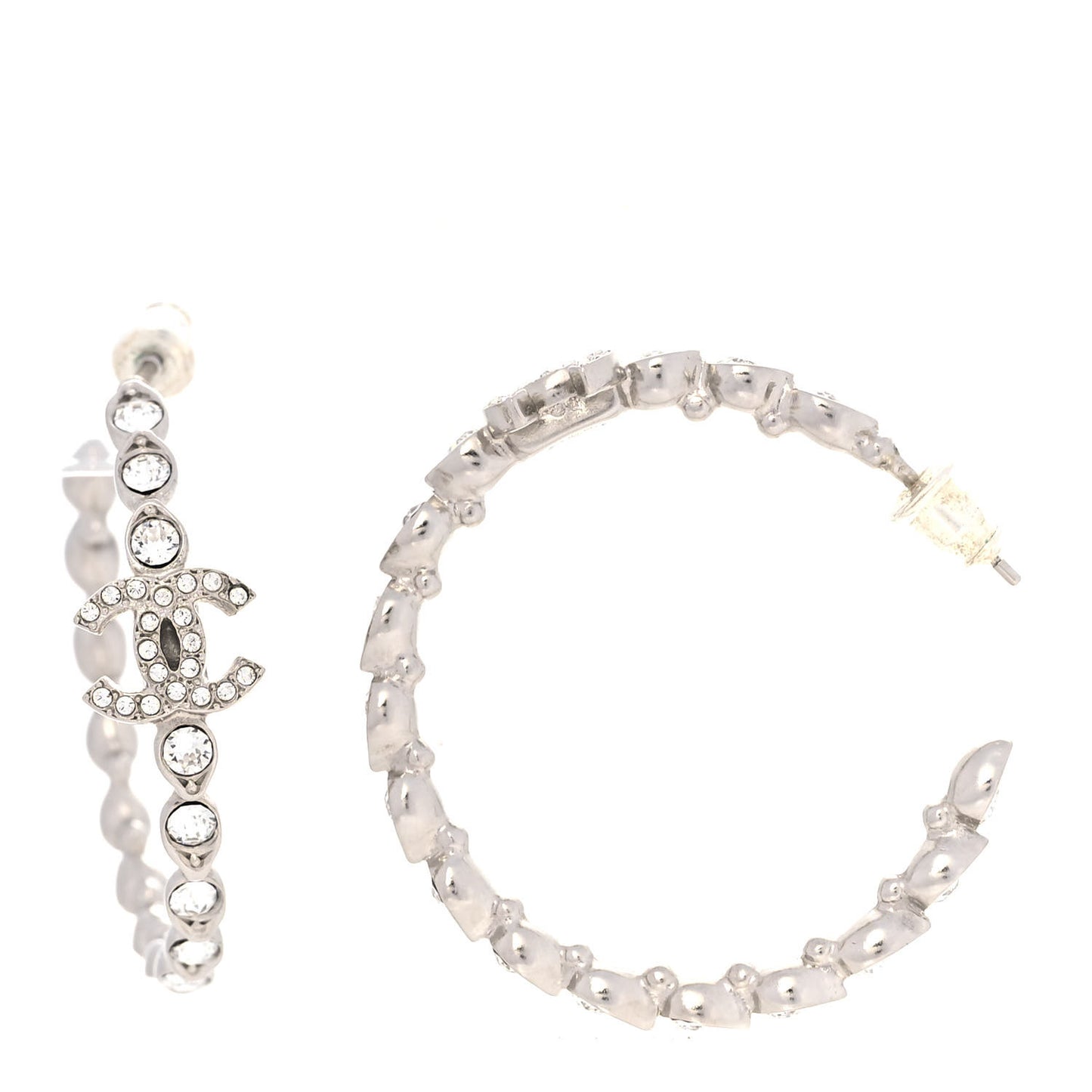 Metal Crystal CC Hoop Earrings Silver