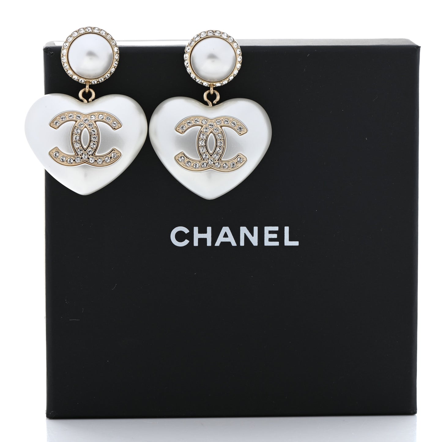 Pearl Crystal CC Heart Drop Earrings Gold