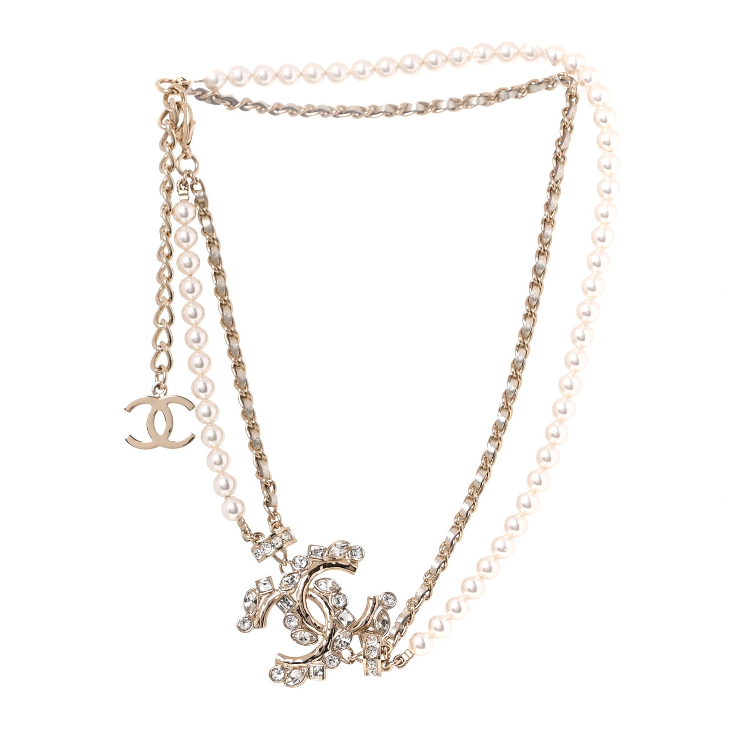 Metallic Lambskin Pearl Crystal CC Choker Necklace Gold Light Grey