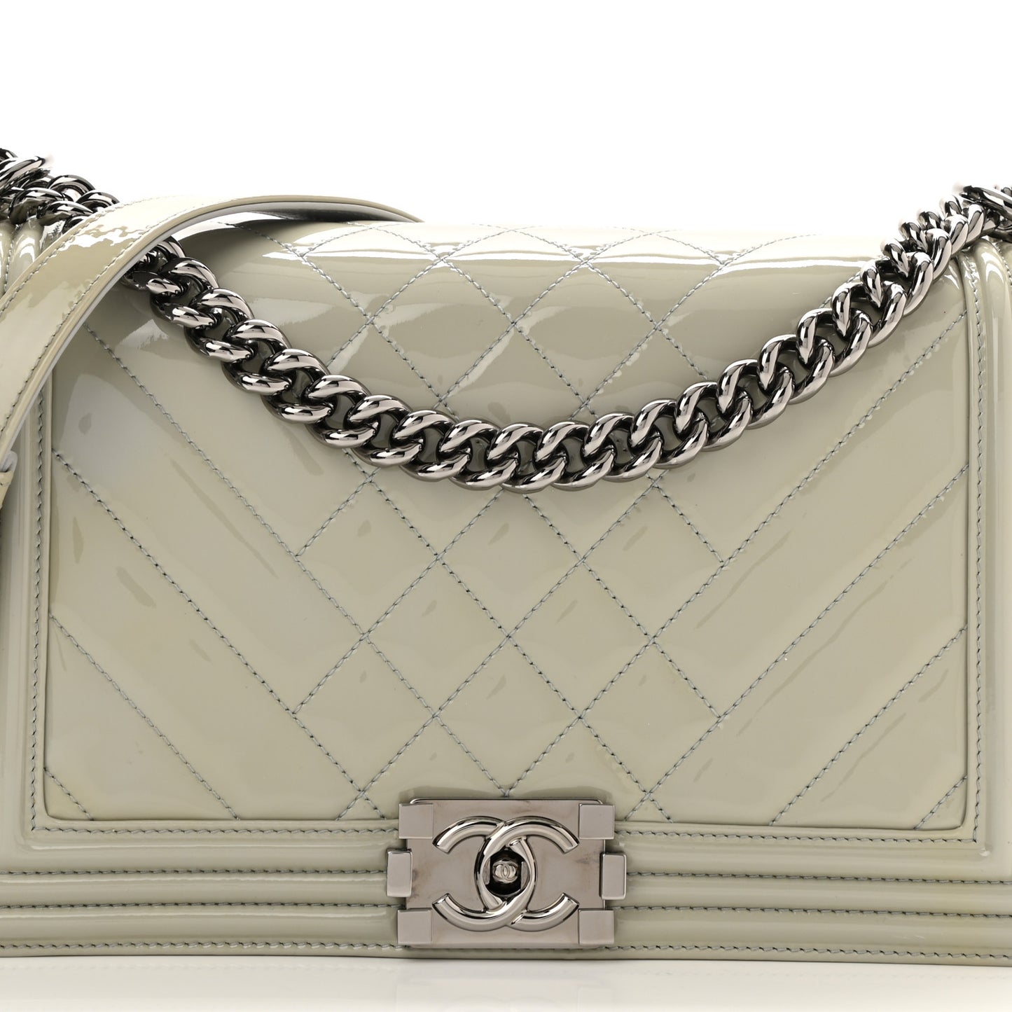 Patent Chevron Quilted New Medium Boy Flap Grey