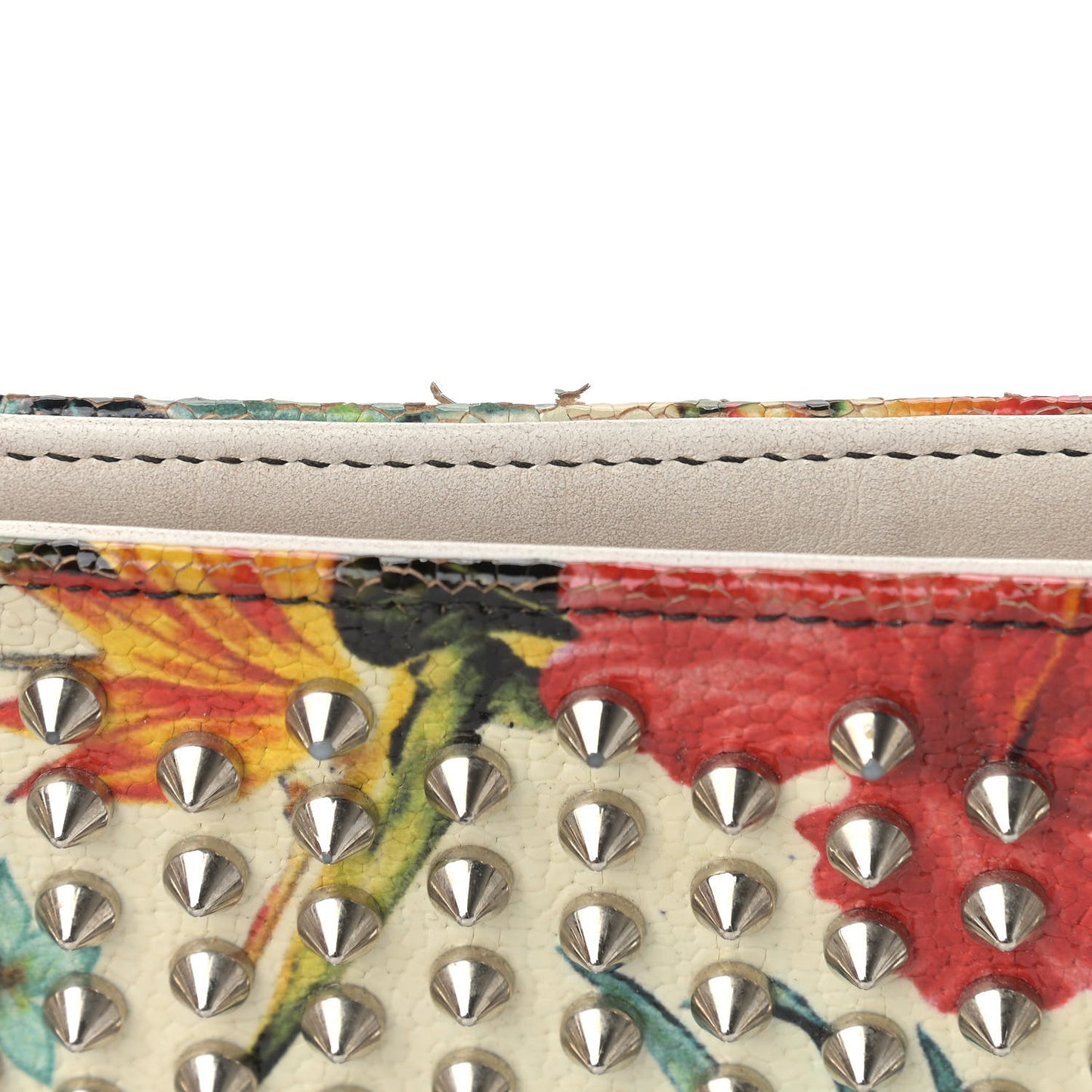 Calfskin Studded Floral Mosaic Loubiclutch Crossbody Clutch White Multicolor