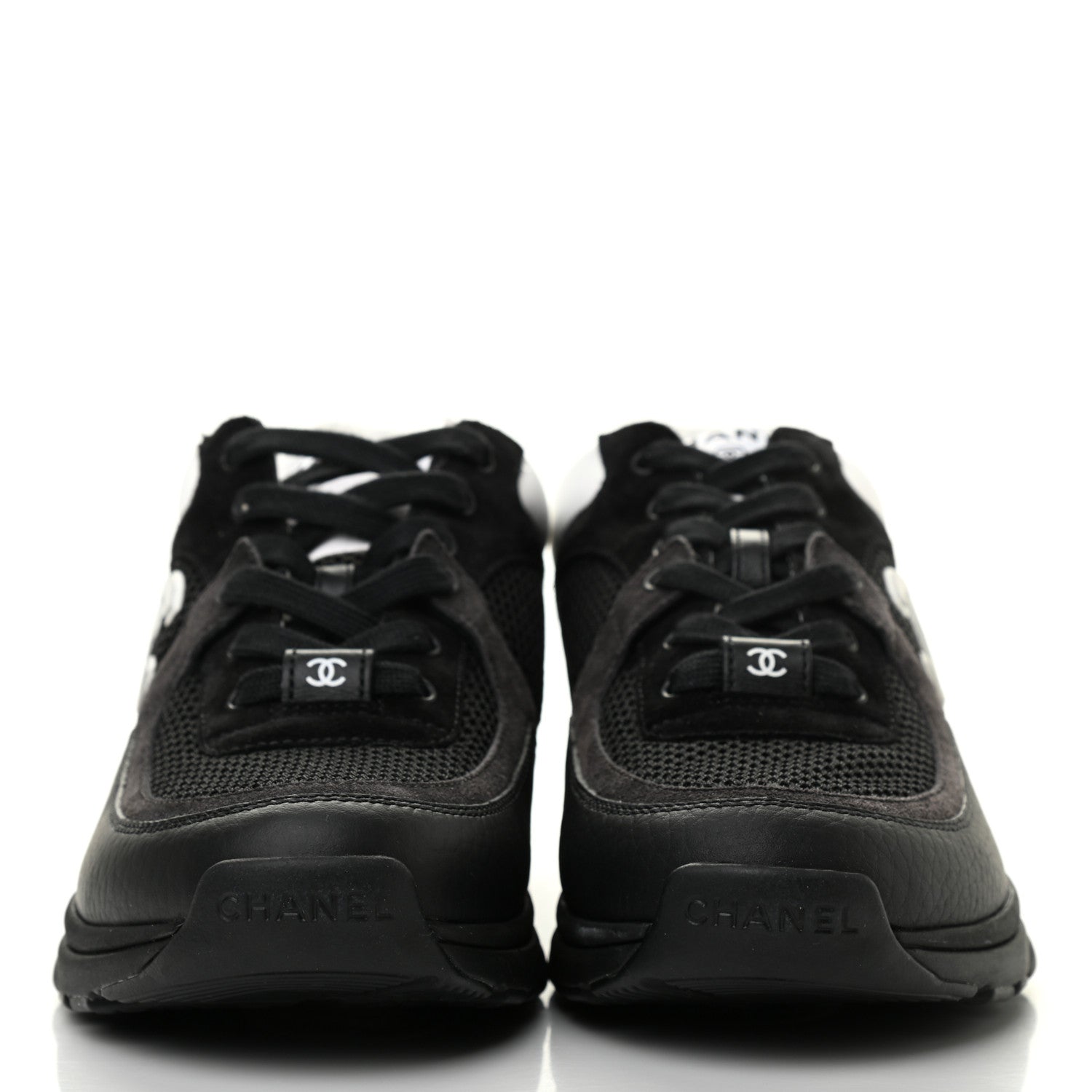 Chanel Mesh Suede Grained Calfskin Womens CC Sneakers 37 Black White 2 of 6