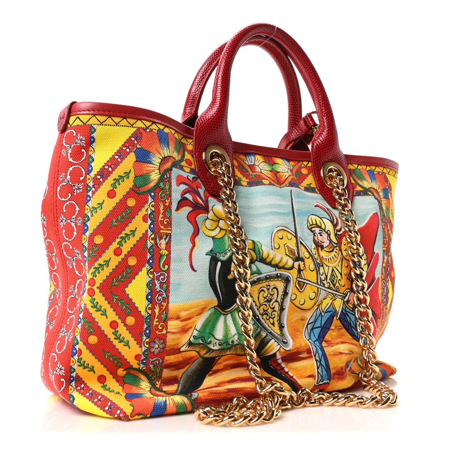 Canvas Snakeskin Carretto Print Capri Tote Red Multicolor