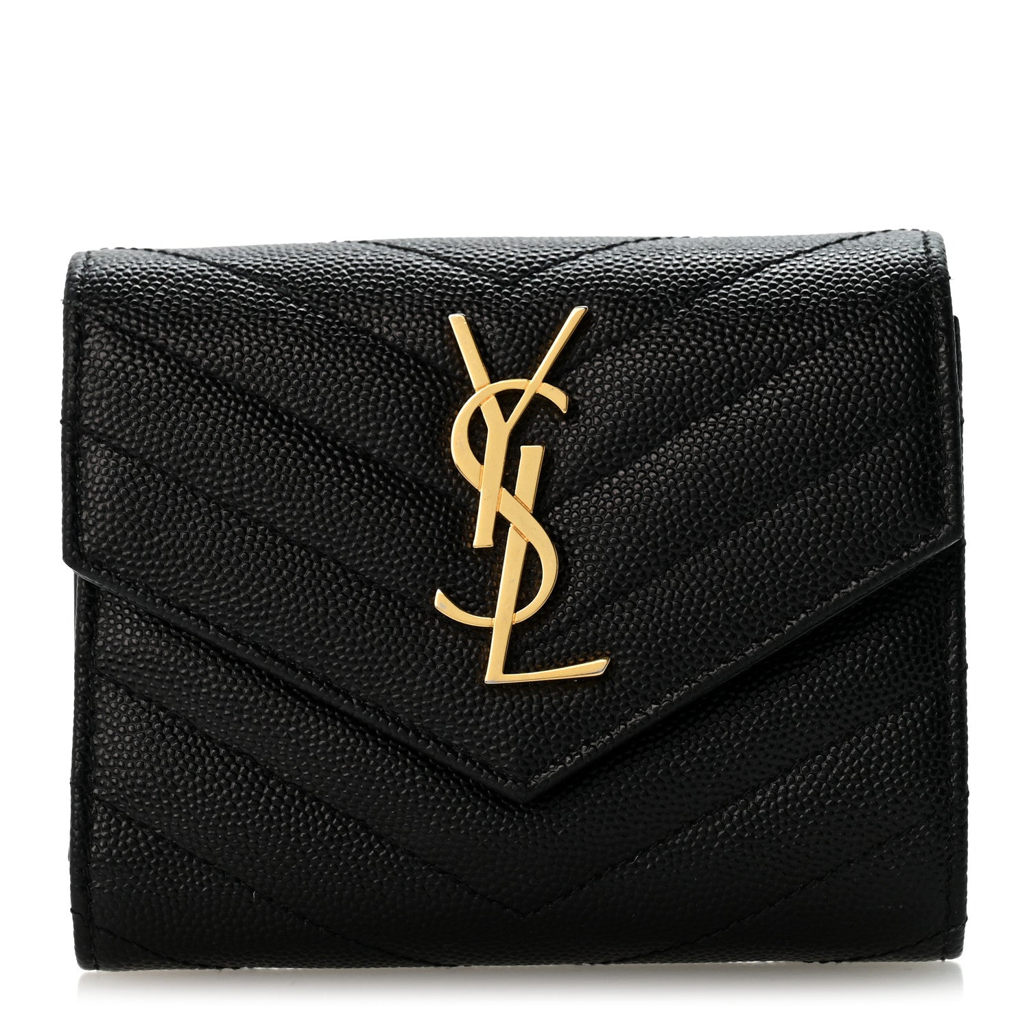 Saint Laurent Grain De Poudre Matelasse Chevron Monogram Compact Tri Fold Wallet Black 1 of 9