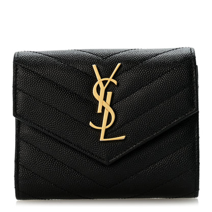 Saint Laurent Grain De Poudre Matelasse Chevron Monogram Compact Tri Fold Wallet Black 1 of 9