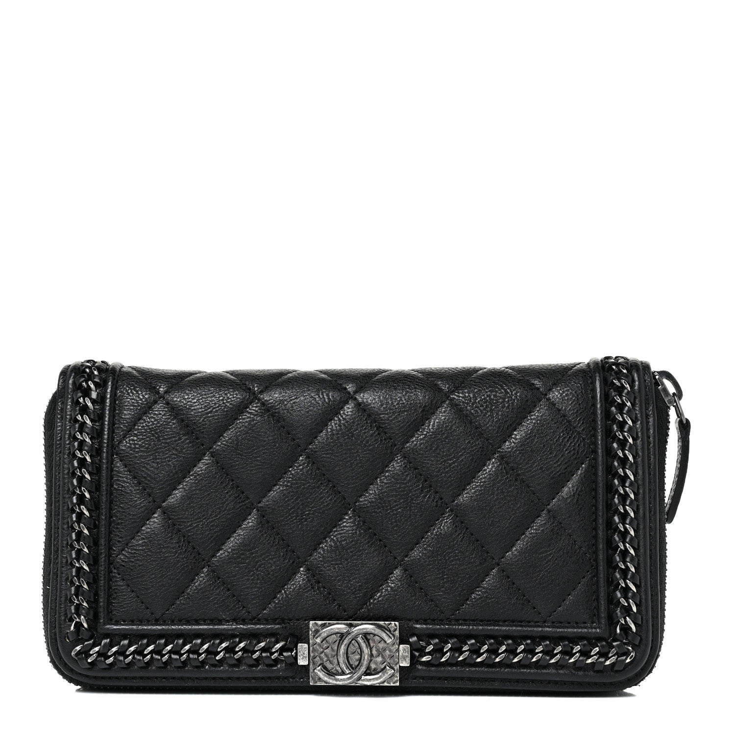 Chanel Calfskin Quilted Boy Chain Large Gusset Zip Around Wallet Black 1 of 15