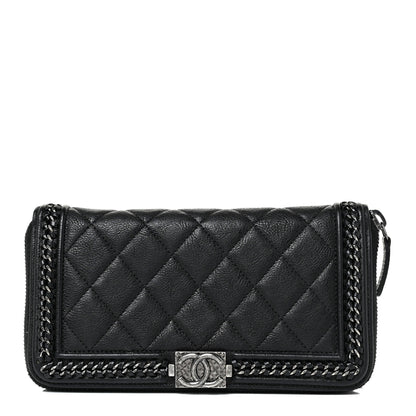 Chanel Calfskin Quilted Boy Chain Large Gusset Zip Around Wallet Black 1 of 15