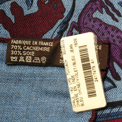 Hermes Cashmere Silk Chasse En Inde Shawl 140 Bleu Chine Violet Blue Jean 5 of 5