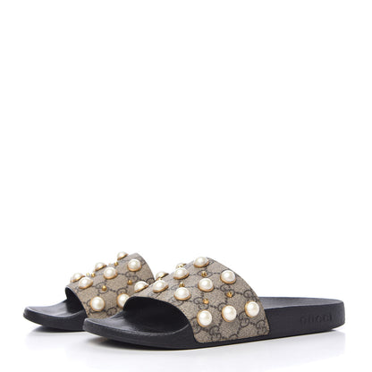 Gucci GG Supreme Monogram Slide Pearls Sandals 39 Beige 3 of 7