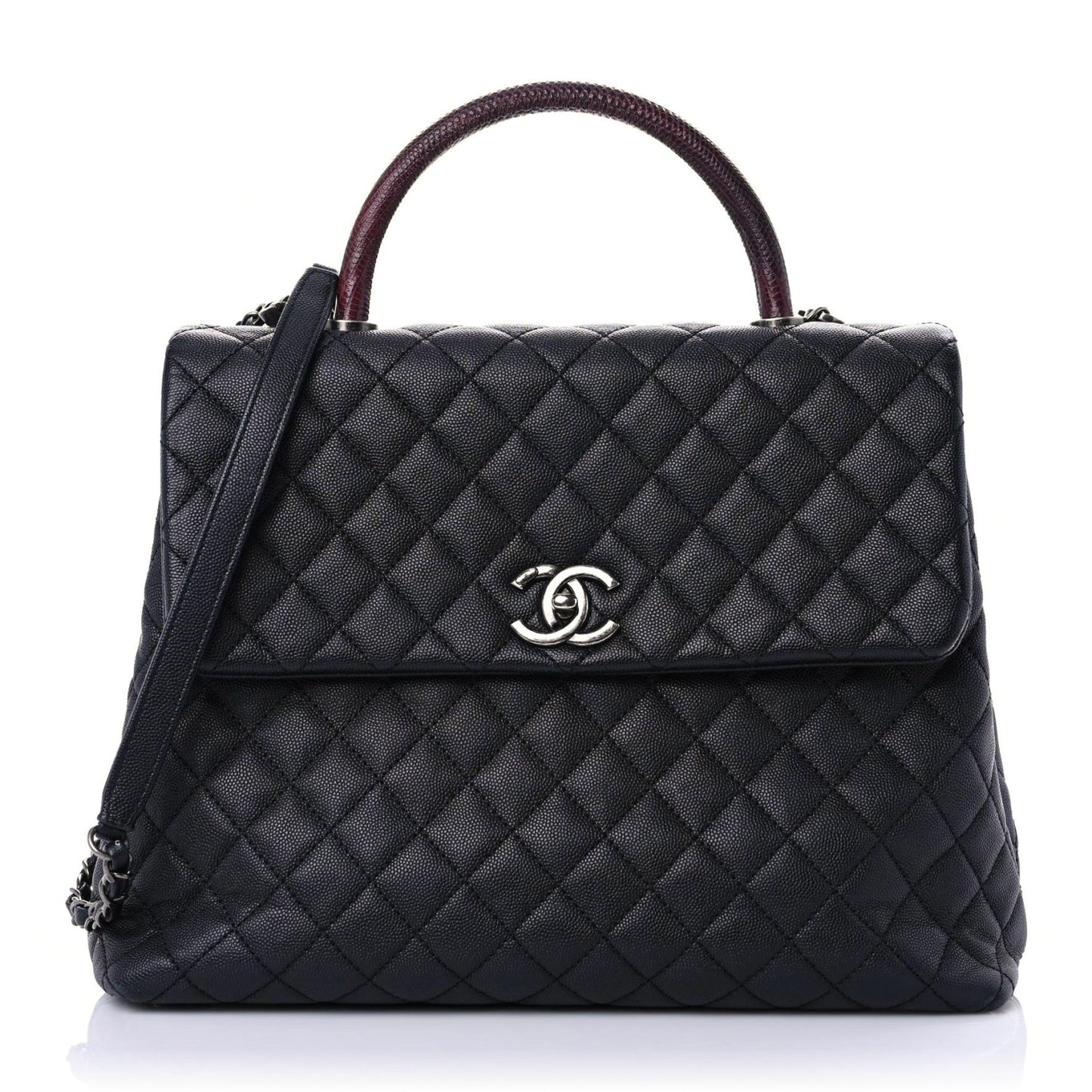 Caviar Lizard Quilted Large Coco Handle Flap Black