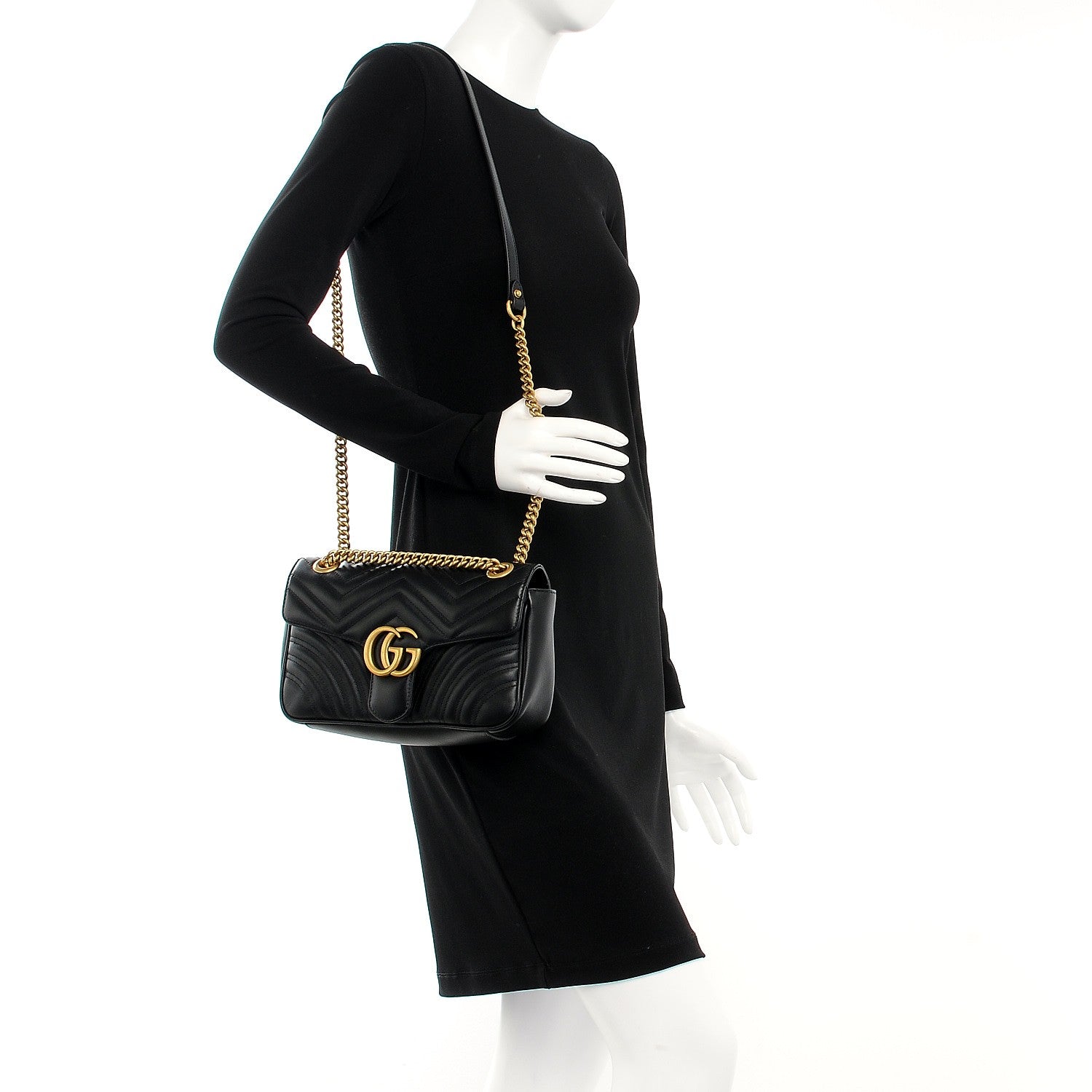 Gucci Calfskin Matelasse Small GG Marmont Shoulder Bag Black 3 of 14