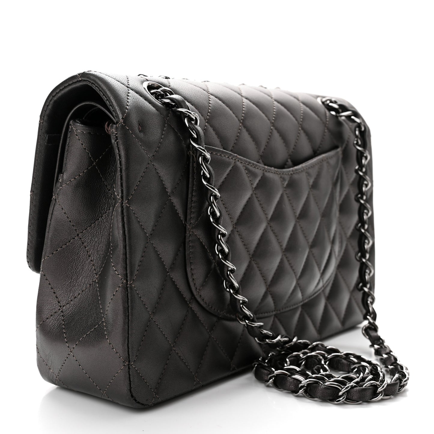 Metallic Lambskin Quilted Medium Double Flap Pewter