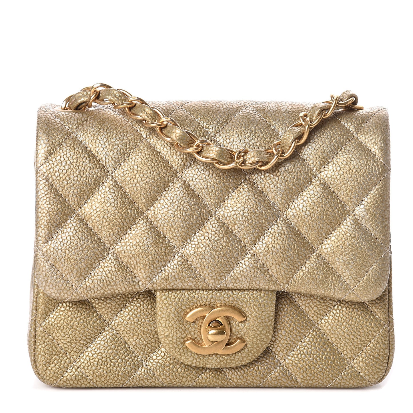 Metallic Caviar Quilted Mini Square Flap Gold