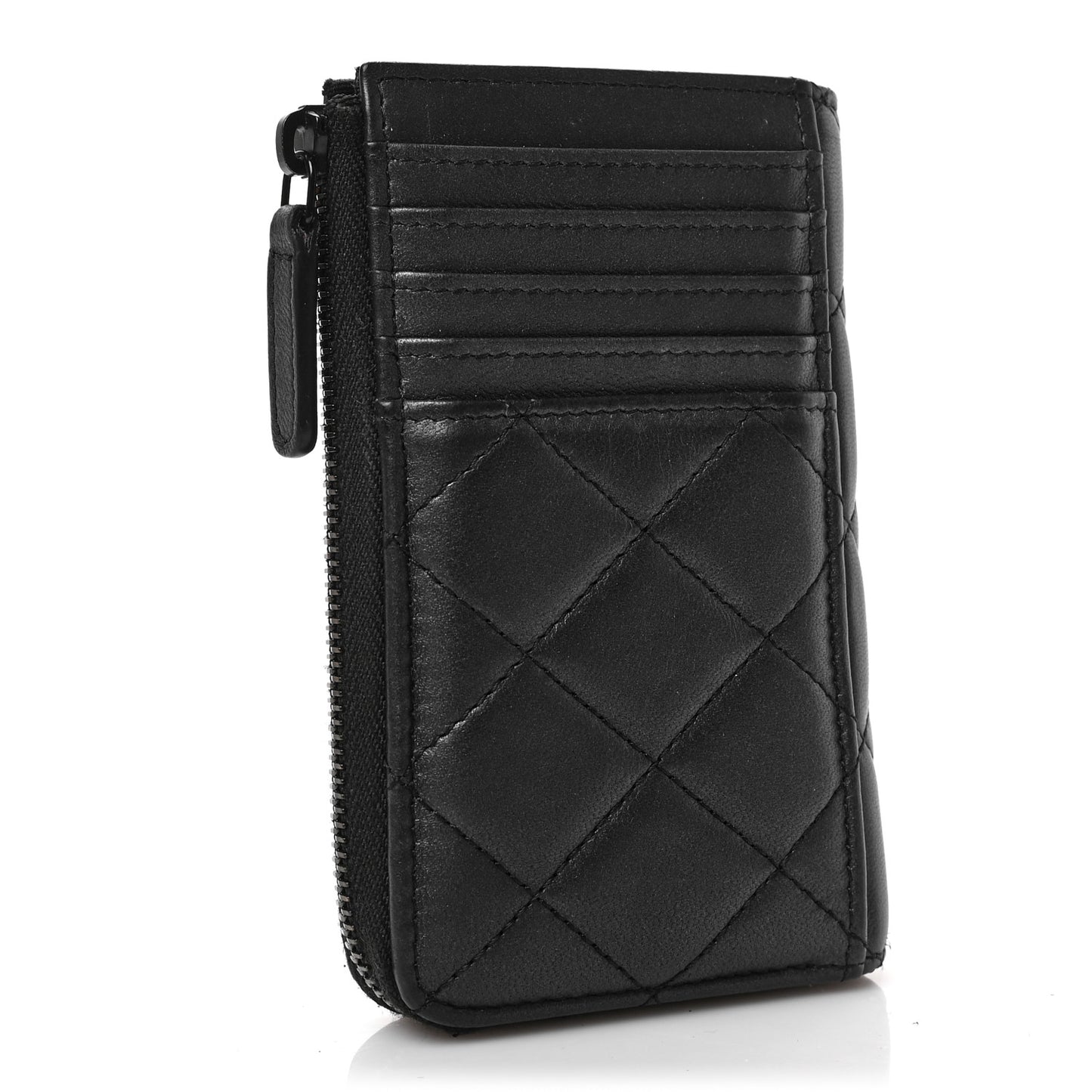Pearly Lambskin Quilted Zip Card Holder So Black