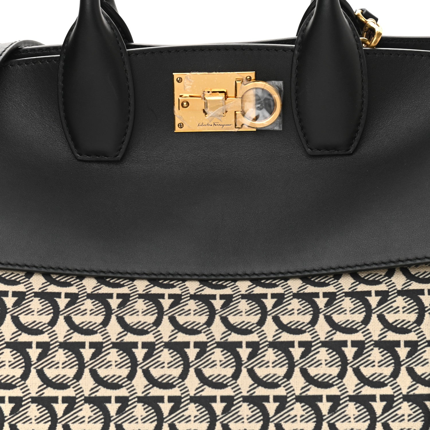 Salvatore Ferragamo Canvas Calfskin Gancini The Studio Bag Black Beige 7 of 9