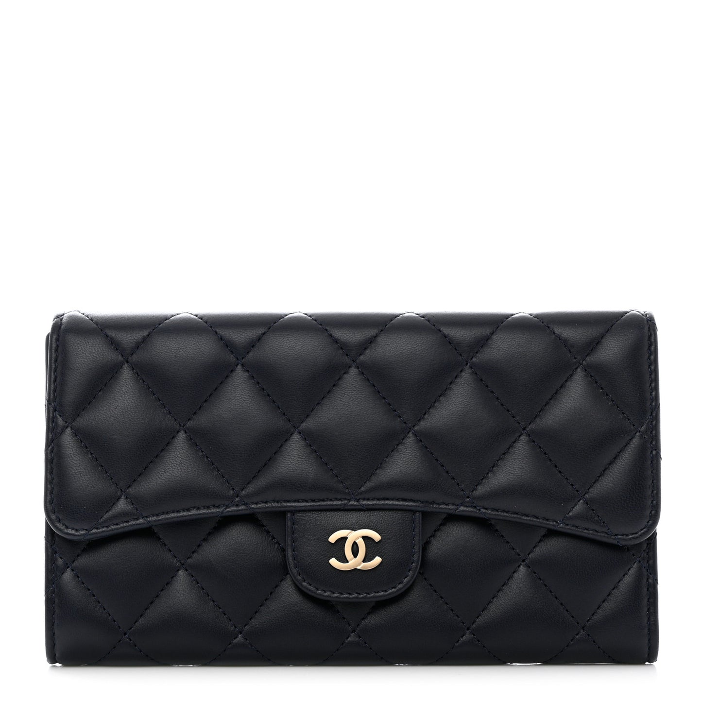 Lambskin Quilted Large Flap Wallet Navy