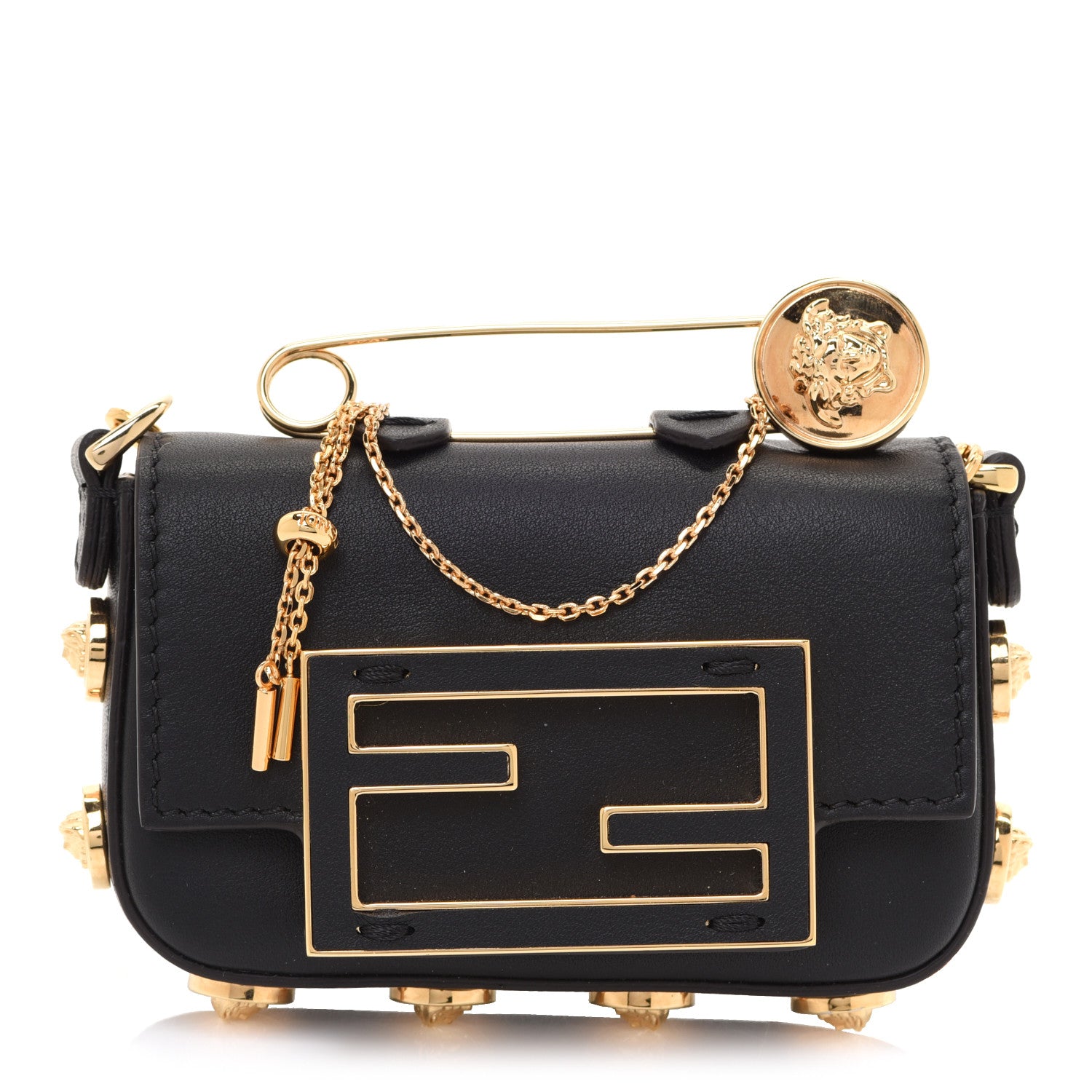 Fendi X VERSACE Vitello Seta Fendace Studded Nano Brooch Baguette Black 1 of 8
