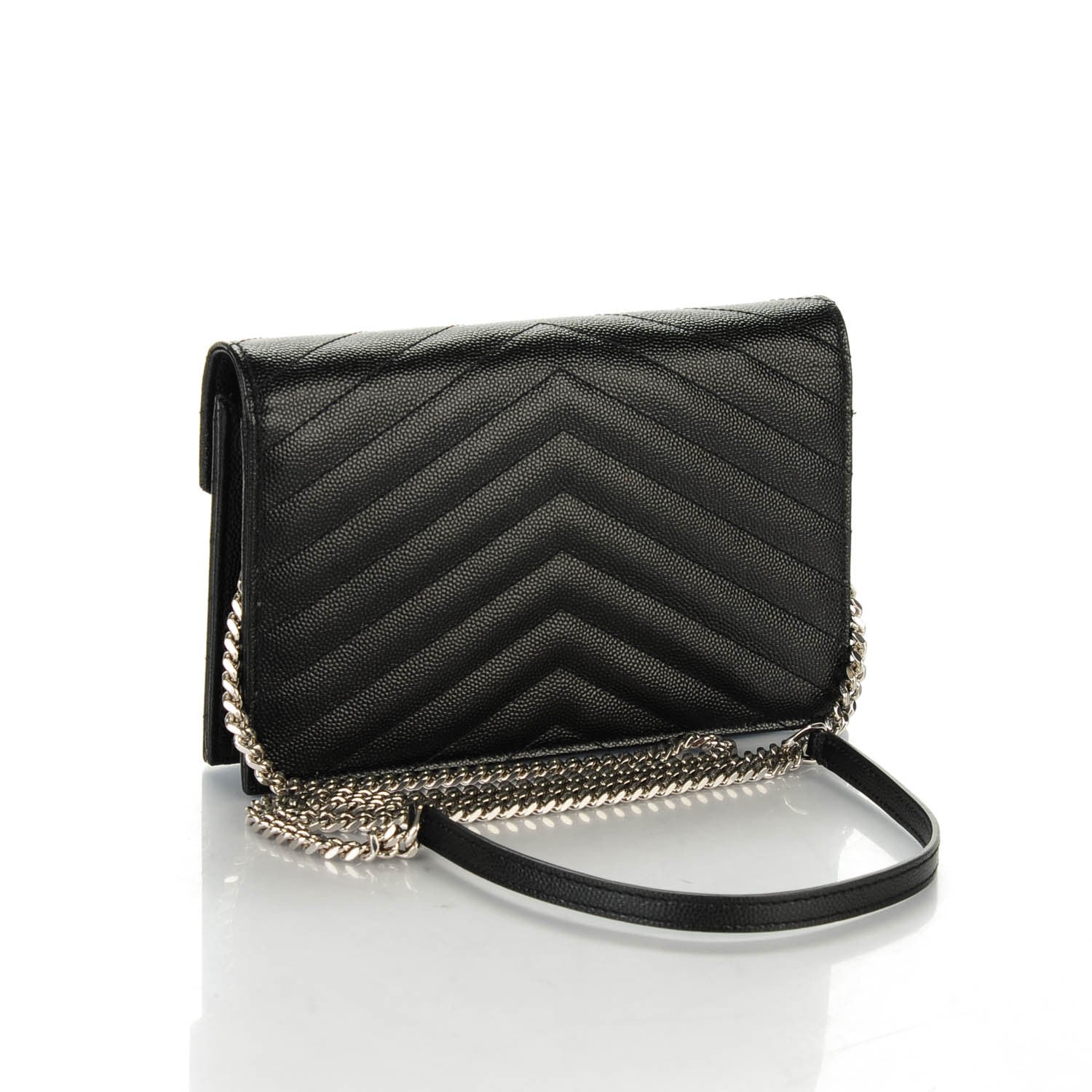 Saint Laurent Grain De Poudre Matelasse Chevron Monogram Envelope Chain Wallet Black 3 of 7