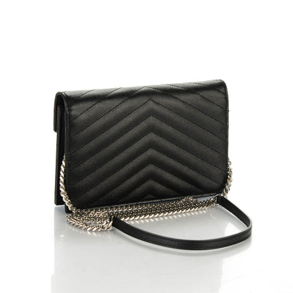 Saint Laurent Grain De Poudre Matelasse Chevron Monogram Envelope Chain Wallet Black 3 of 7