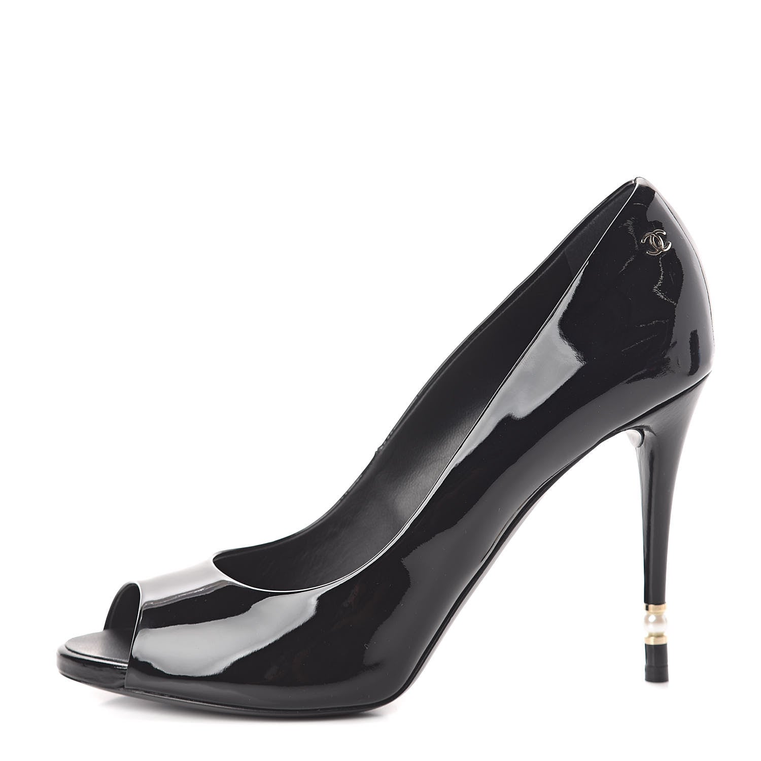 Chanel Patent Pearl Embellished Heel Peep Toe CC Pumps 41 Black 1 of 8
