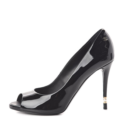 Chanel Patent Pearl Embellished Heel Peep Toe CC Pumps 41 Black 1 of 8