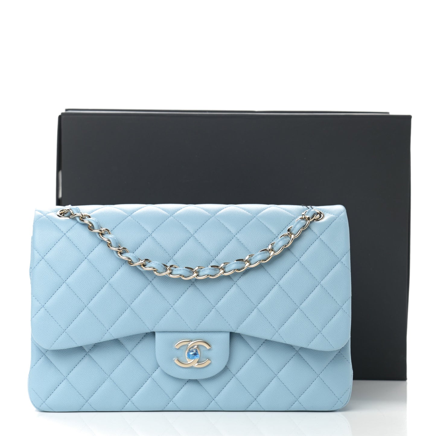 Caviar Quilted Jumbo Double Flap Light Blue