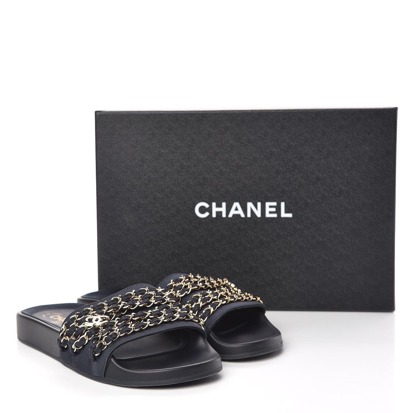 Satin Canvas Chain Slides Sandals Flats 37 Marine