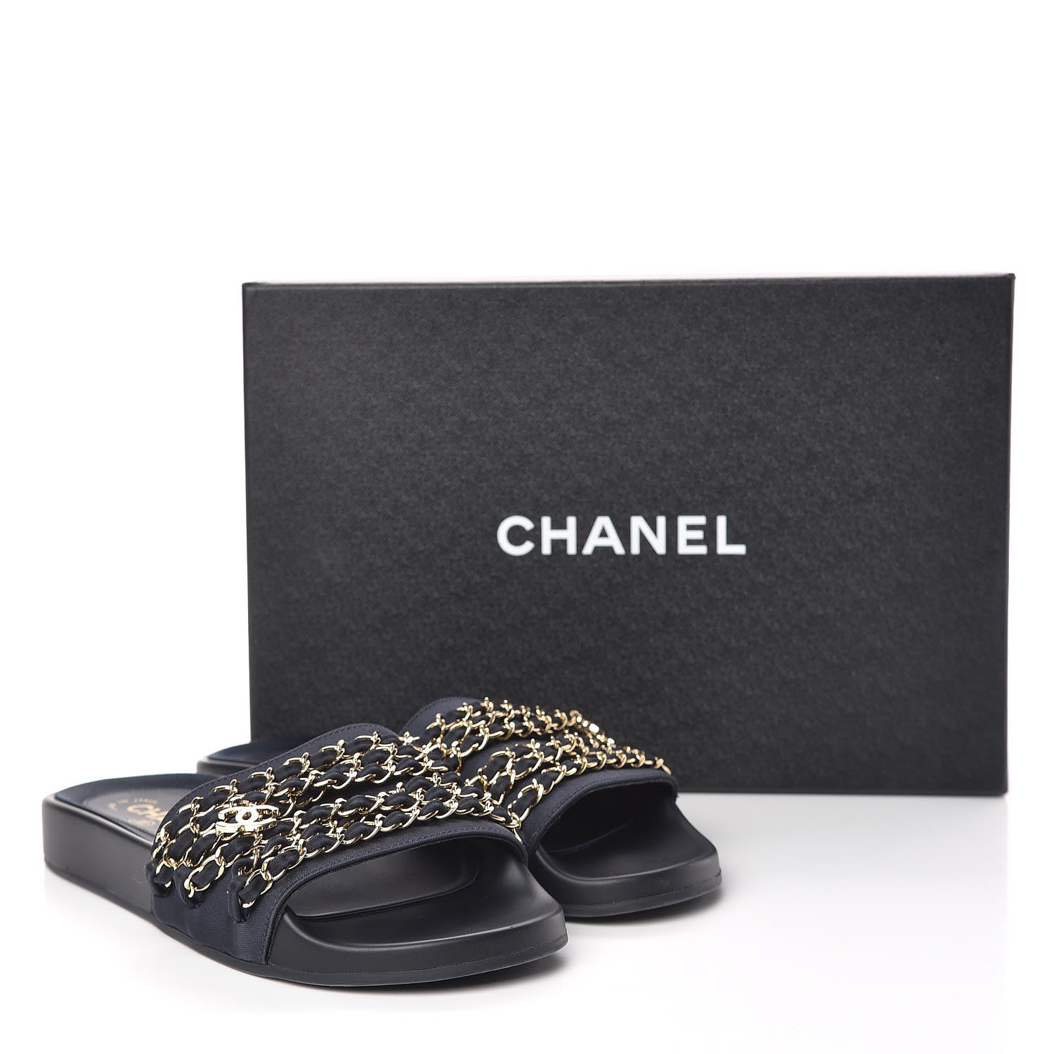 Chanel Satin Canvas Chain Slides Sandals Flats 37 Marine 14 of 14