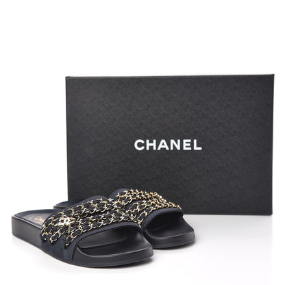 Chanel Satin Canvas Chain Slides Sandals Flats 37 Marine 14 of 14