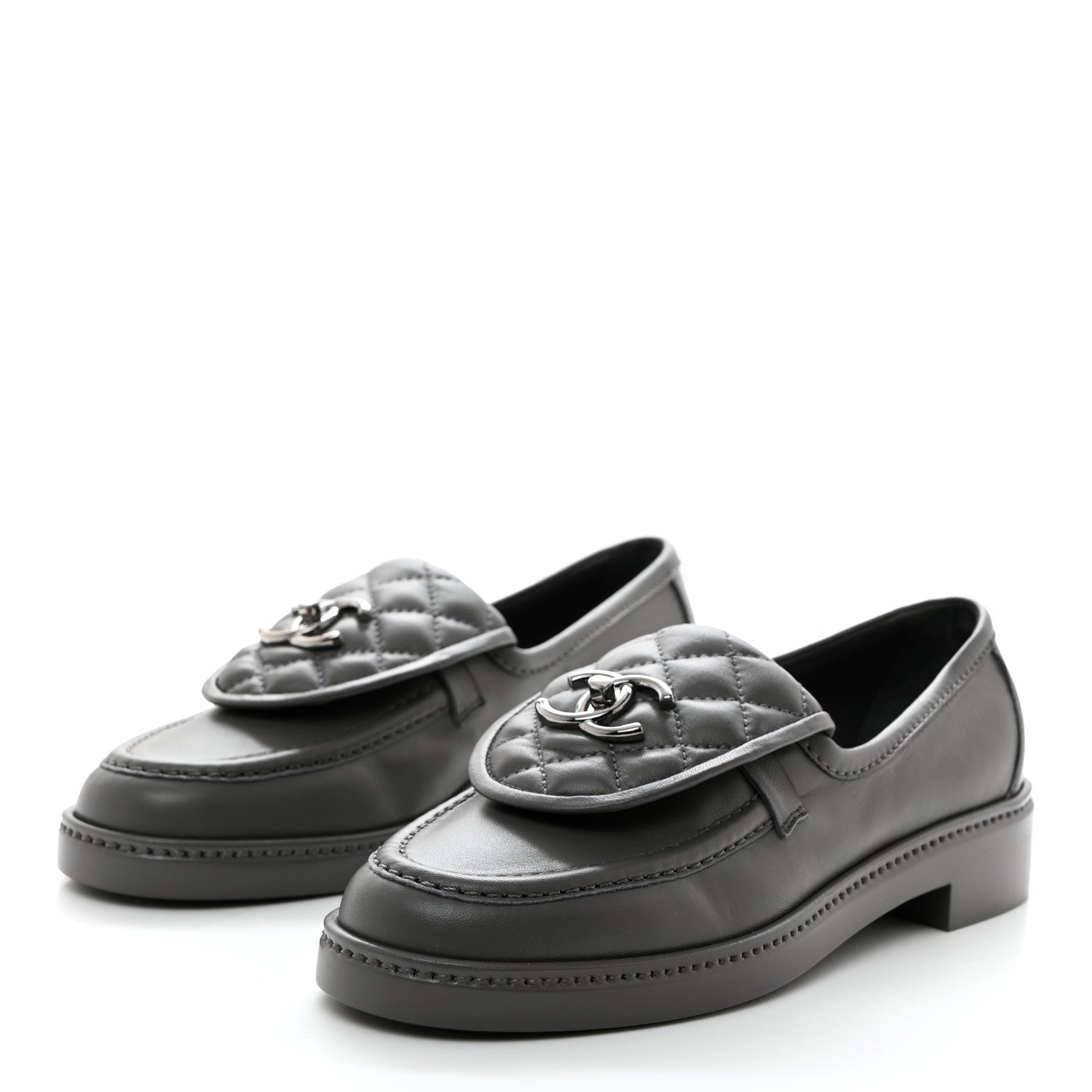 Chanel Lambskin Quilted CC Turnlock Loafers 37 Grey 3 of 9