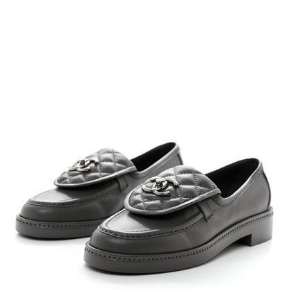 Chanel Lambskin Quilted CC Turnlock Loafers 37 Grey 3 of 9