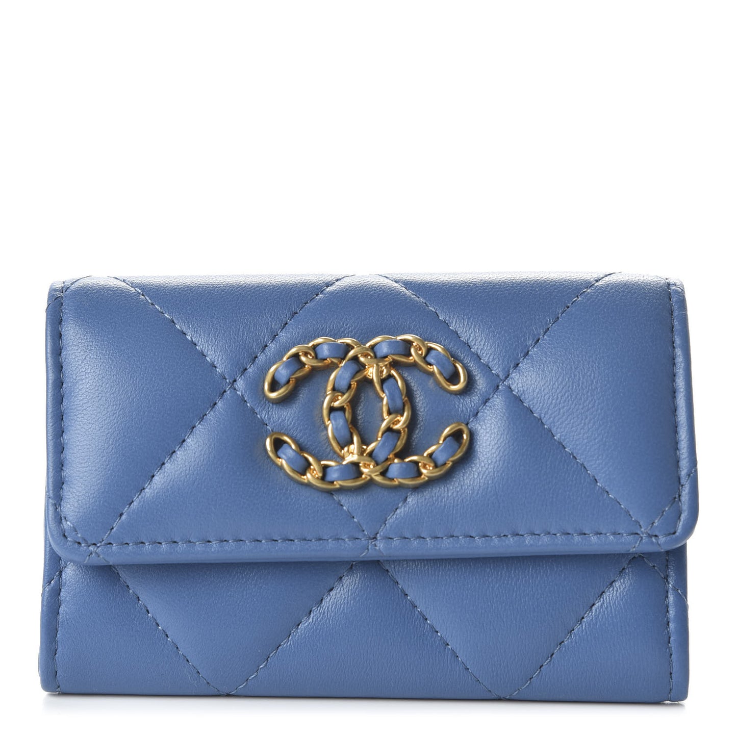 Lambskin Quilted Chanel 19 Flap Card Holder Light Blue