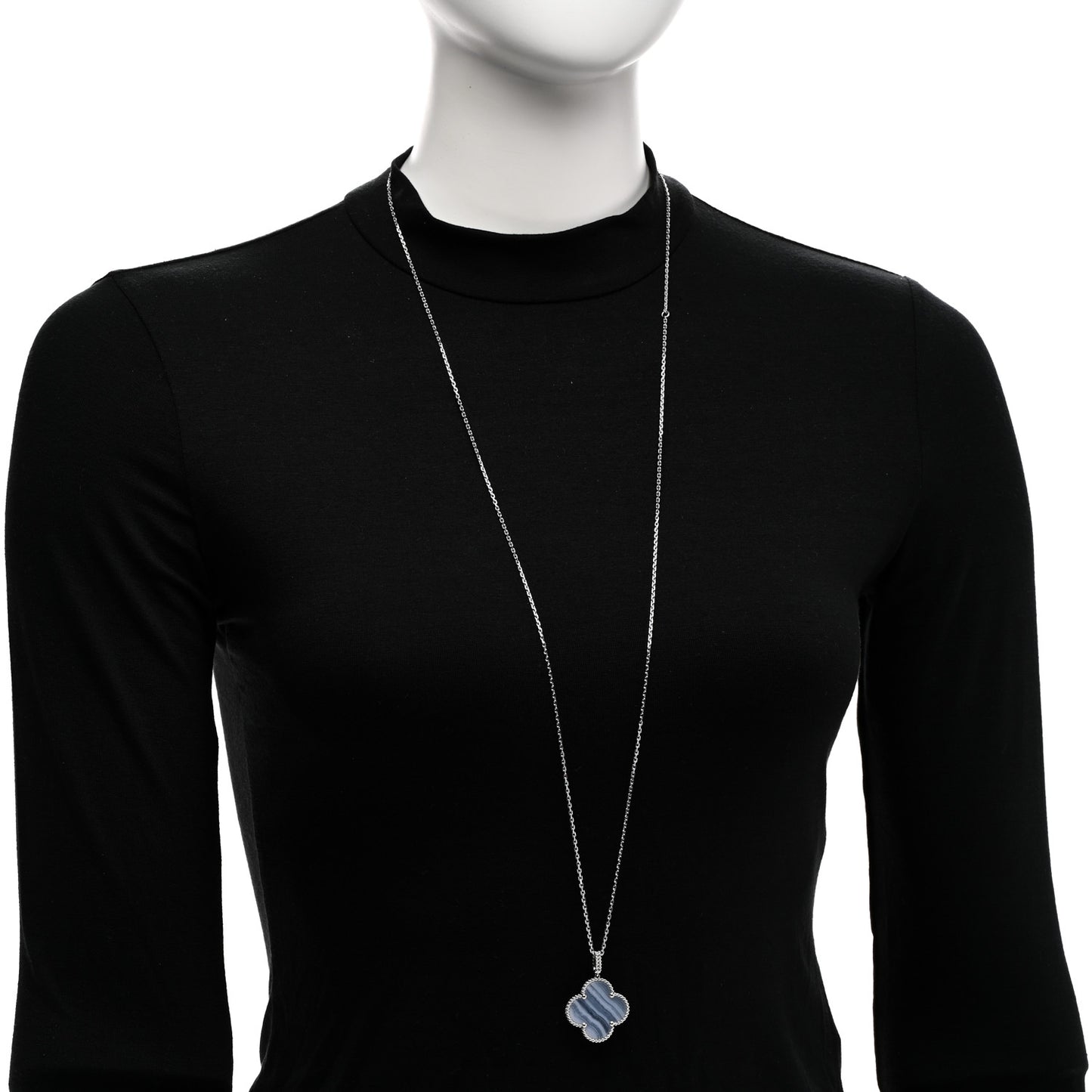 18K White Gold Chalcedony Magic Alhambra Pendant Long Necklace