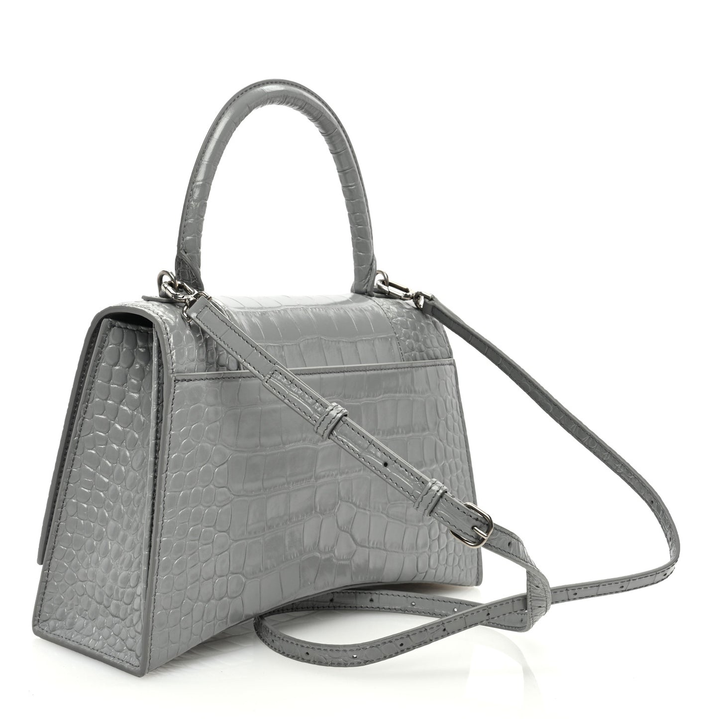 Shiny Calfskin Crocodile Embossed Medium Hourglass Top Handle Bag Balenciaga Grey