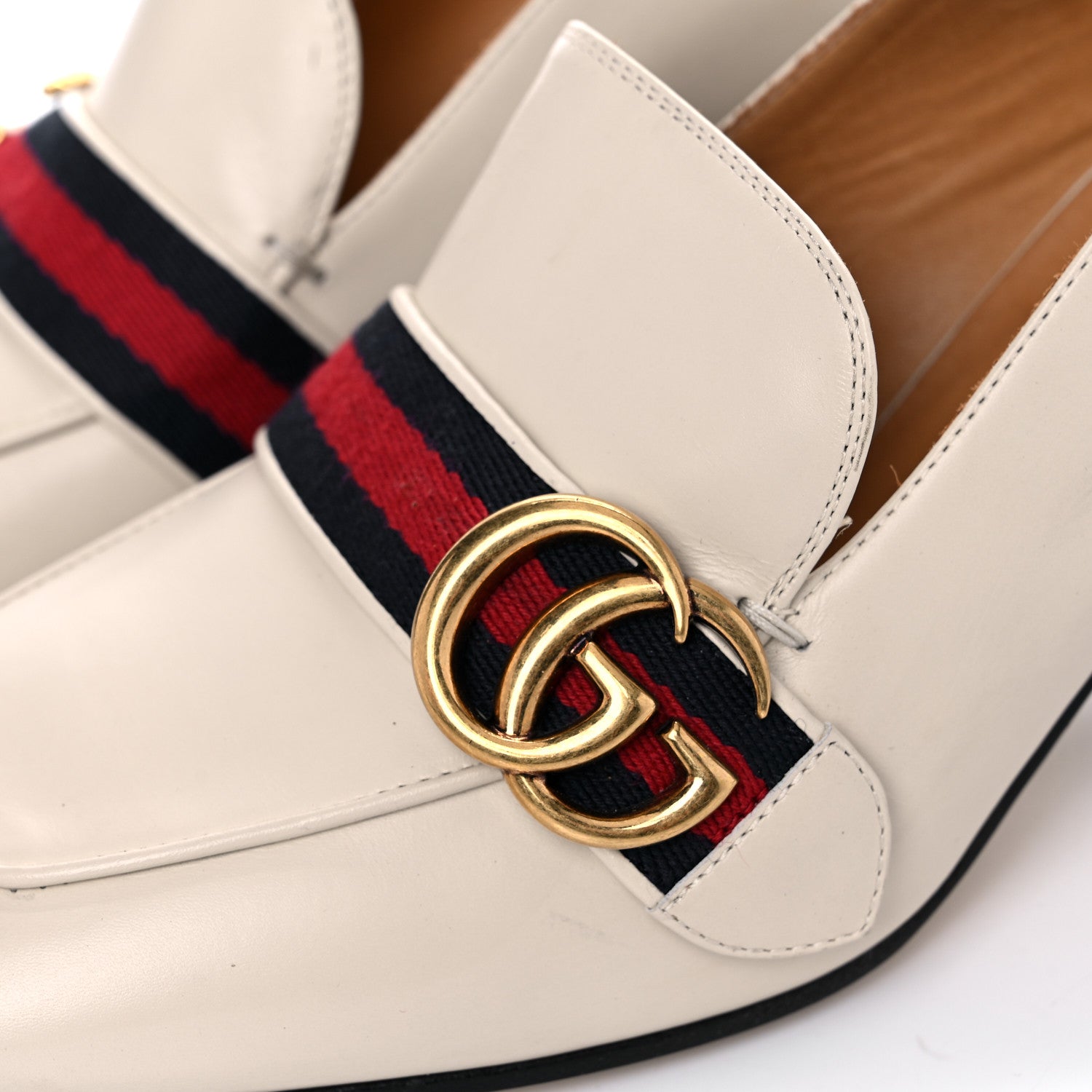 Gucci Betis Glamour Calfskin Web Pearl Embellished Peyton 75mm Loafer Pumps 39.5 Mystic White 16 of 17