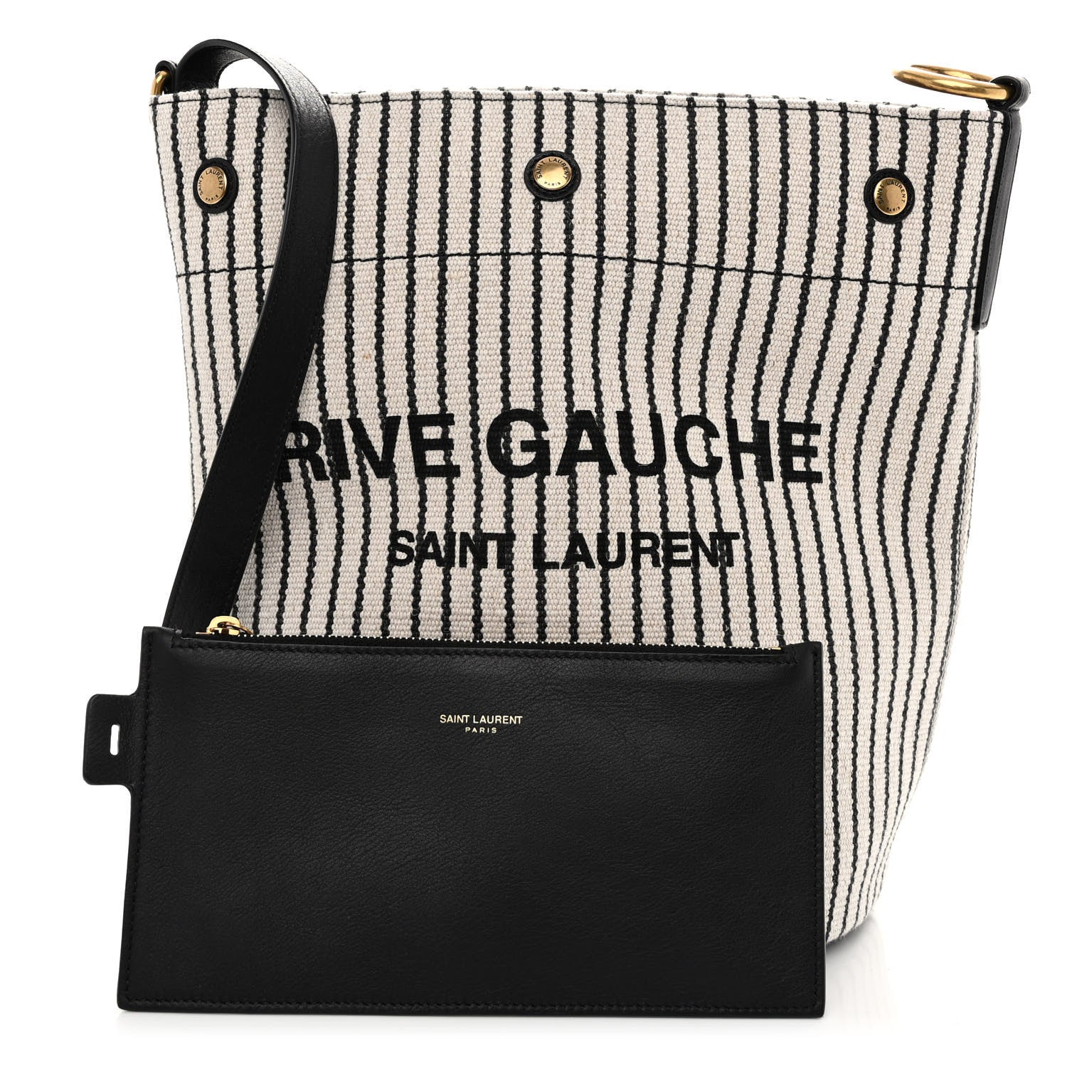 Saint Laurent Linen Calfskin Striped Rive Gauche Bucket Bag Grey Cream Black 1 of 10