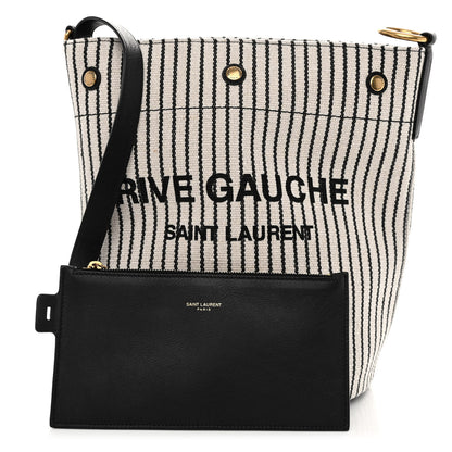 Saint Laurent Linen Calfskin Striped Rive Gauche Bucket Bag Grey Cream Black 1 of 10