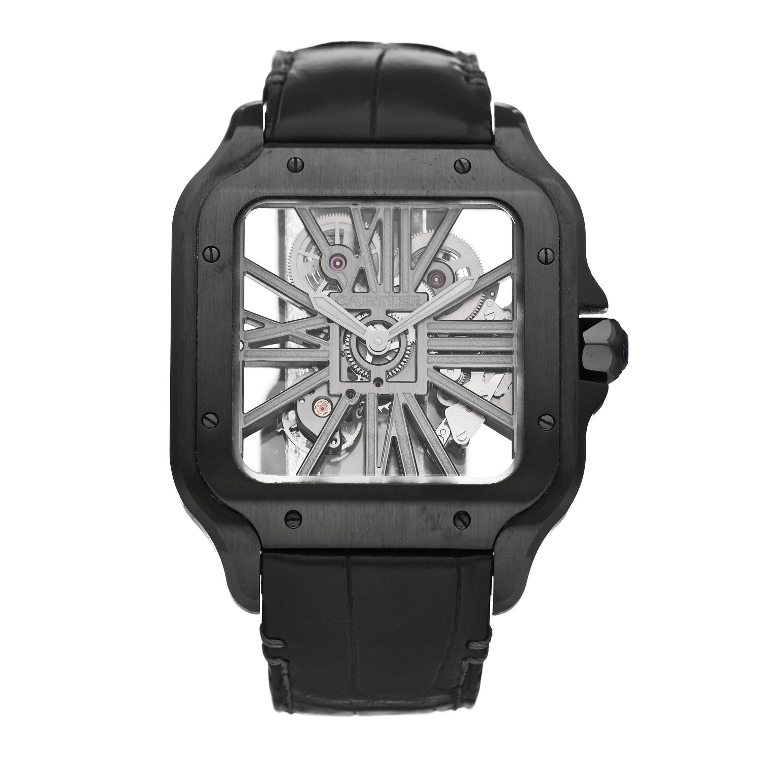 Cartier ADLC Stainless Steel Alligator 39.8mm Santos De Cartier Skeleton Manual Winding Watch Black 1 of 5