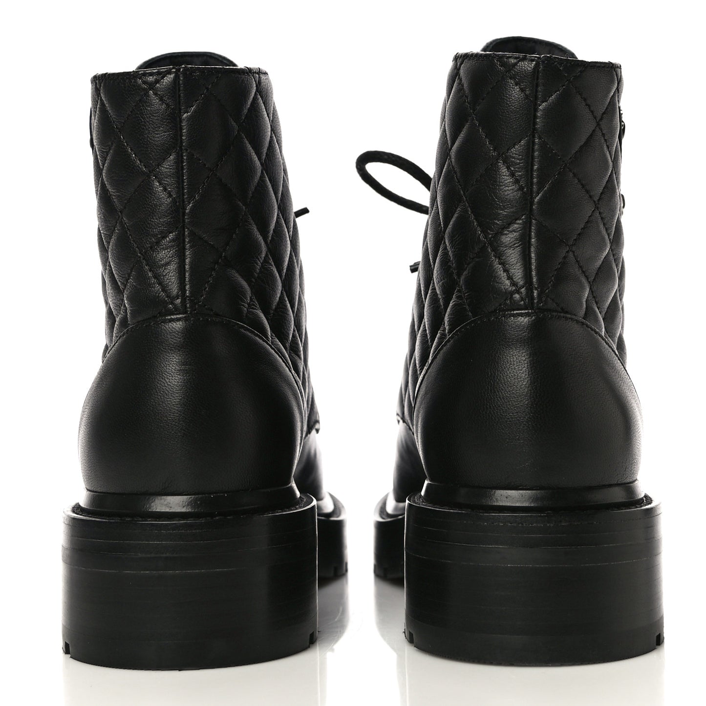 Shiny Lambskin Quilted Lace Up Combat Boots 36 Black