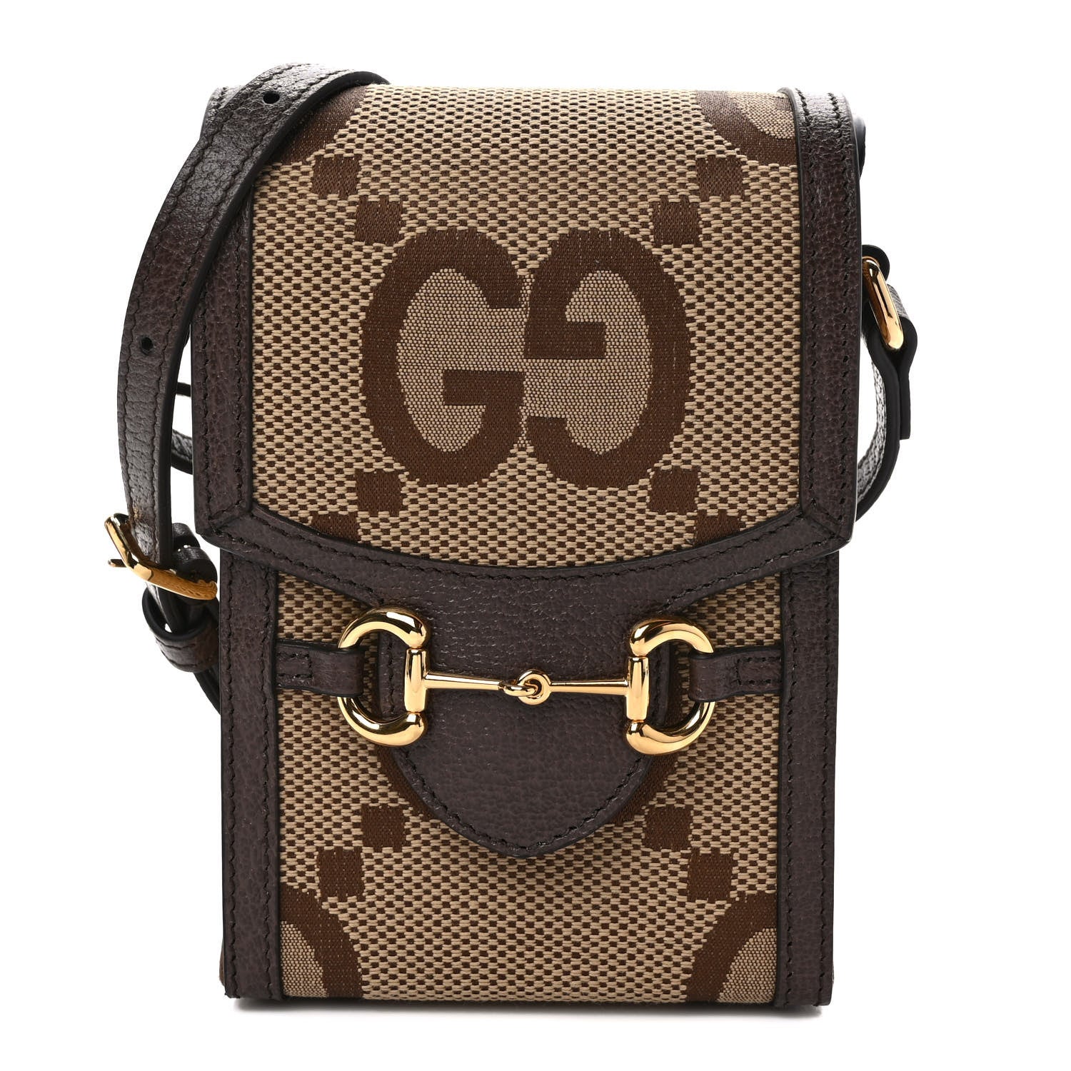 Gucci Monogram Jumbo GG Textured Dollar Calfskin Mini Horsebit 1955 Crossbody Bag Camel Ebony New Acero 1 of 10