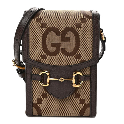 Gucci Monogram Jumbo GG Textured Dollar Calfskin Mini Horsebit 1955 Crossbody Bag Camel Ebony New Acero 1 of 10