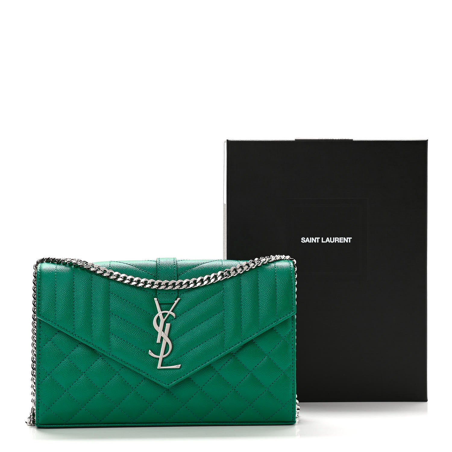 Saint Laurent Grain De Poudre Mixed Matelasse Triquilt Monogram Chain Wallet Malachite 10 of 10